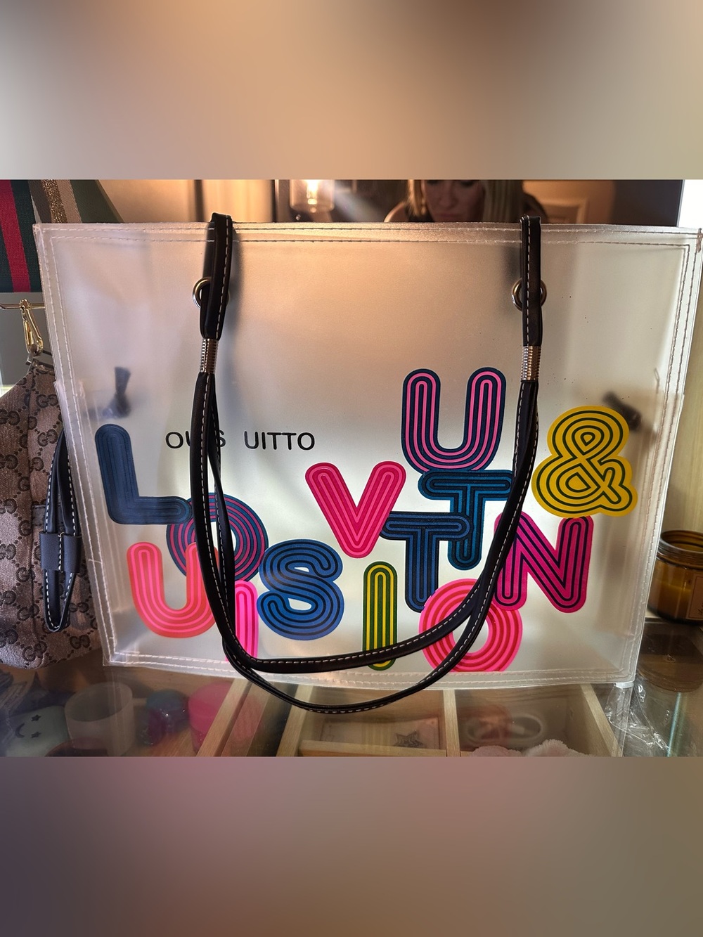 Clear Multicolor Lettering Tote Bag with Black Straps